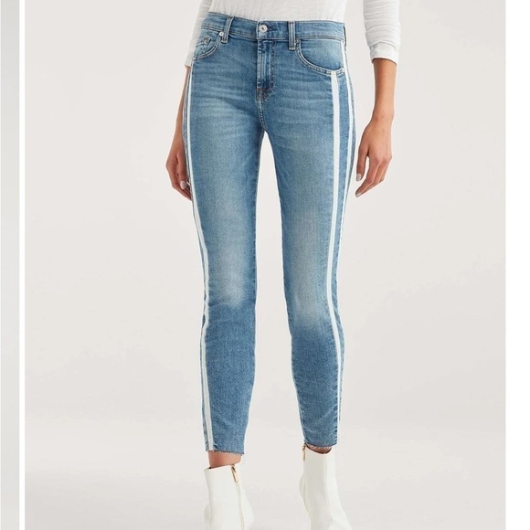 7 For All Mankind Ankle Skinny with Cut Off Hem and Double White Stripes-Size 24 - Picture 5 of 14